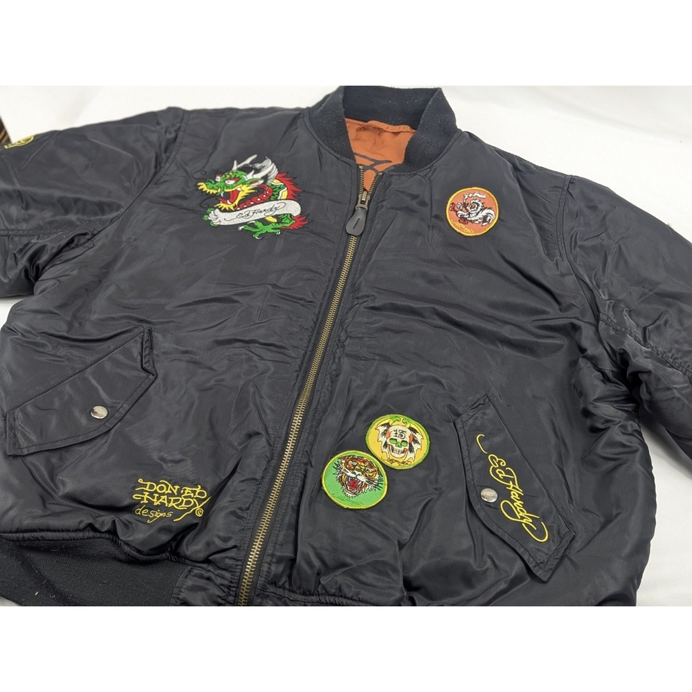 Ed Hardy Bomber Jacket Black Tattoo Patch Dragon Mens‎ Large - Picture 7 of 16